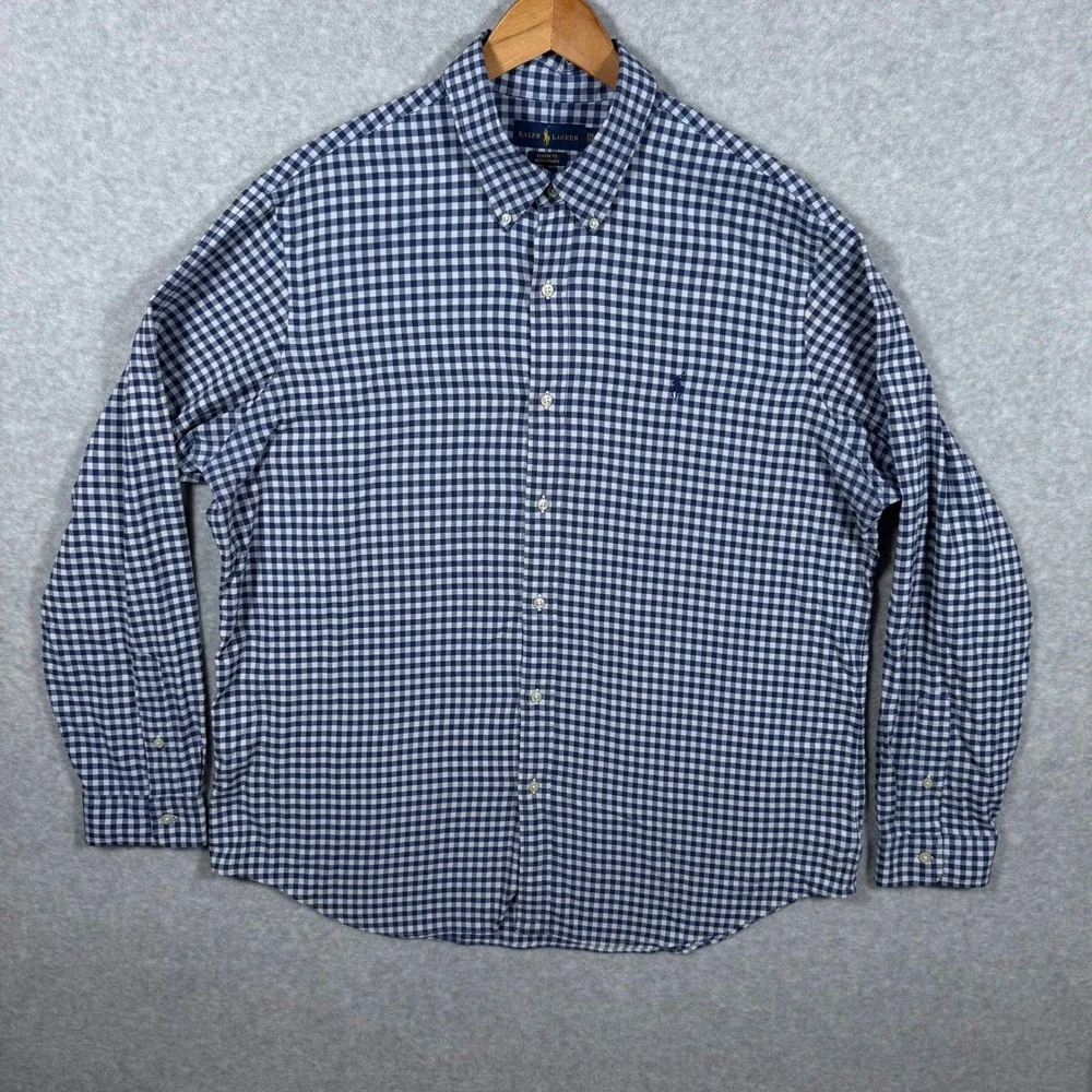 Polo Ralph Lauren Performance Gingham Dress Shirt XXL 2XL Navy Button Down Pony